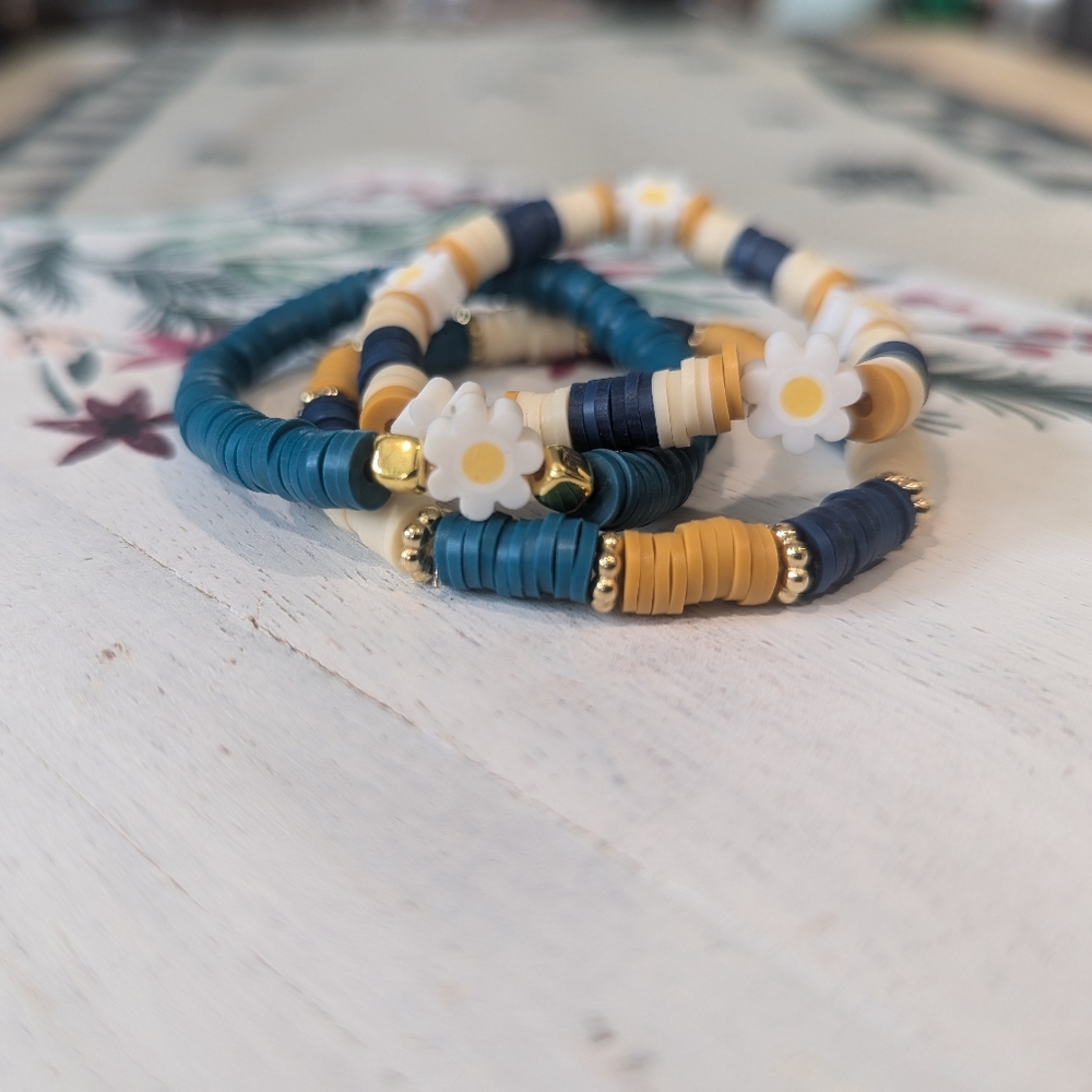 3 Handmade Beaded Bracelet Stack with Daisy Beads